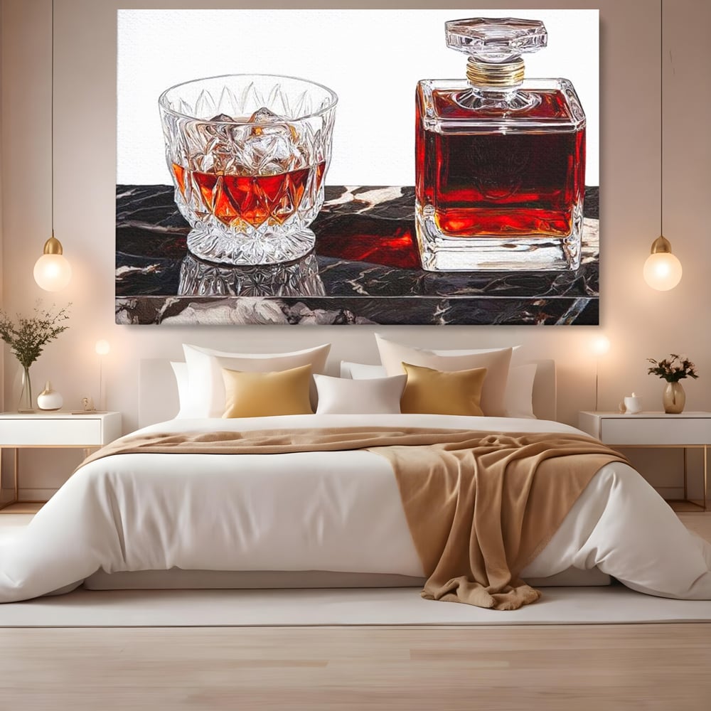 Tablou canvas cu tablou canvas cu pahar de whisky si carafa, fara rama, pe sasiu de lemn, pe perete intr-un dormitor